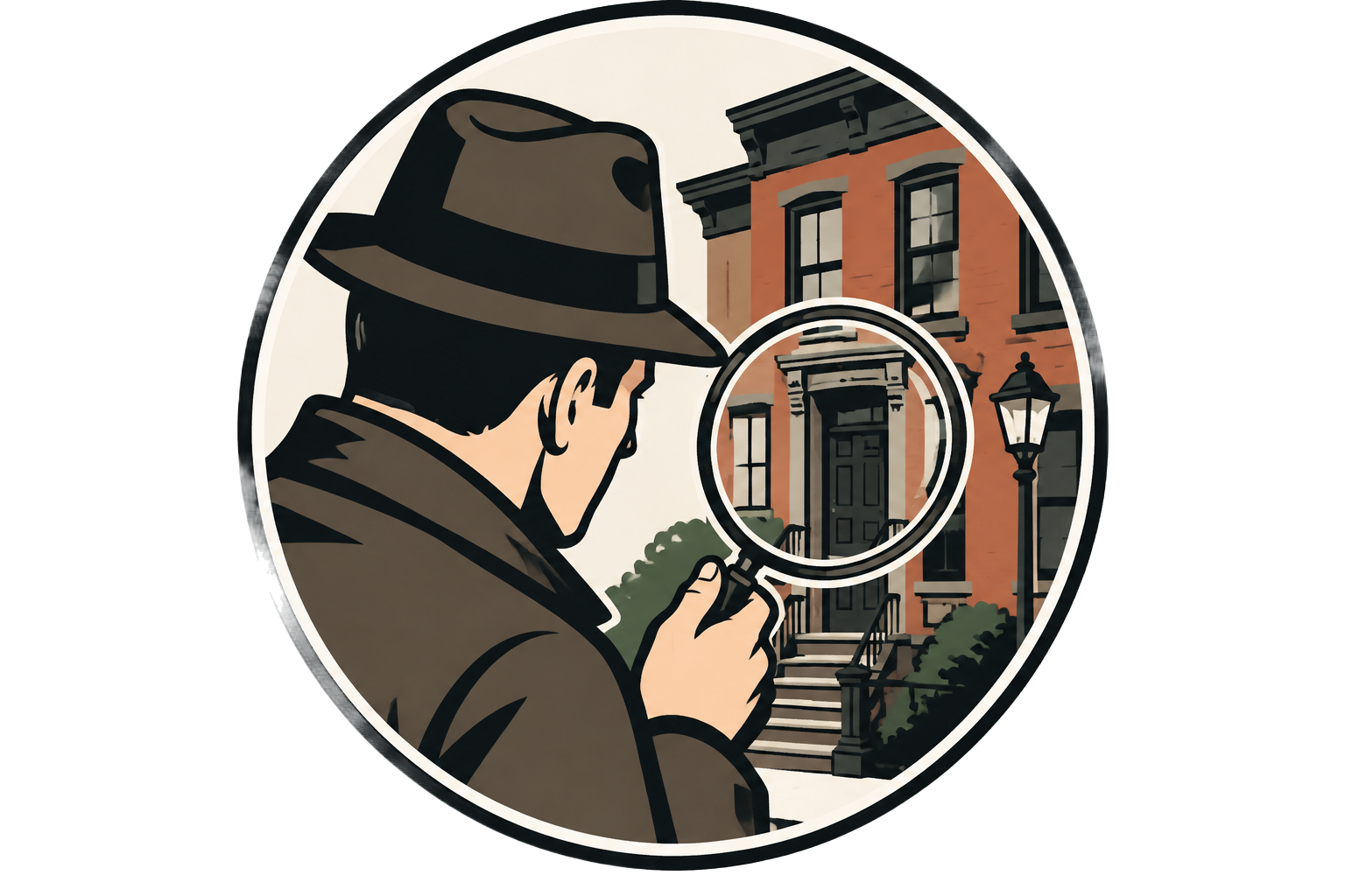 A detective seen from behind inspecting a Boston brownstone through a magnifying glass